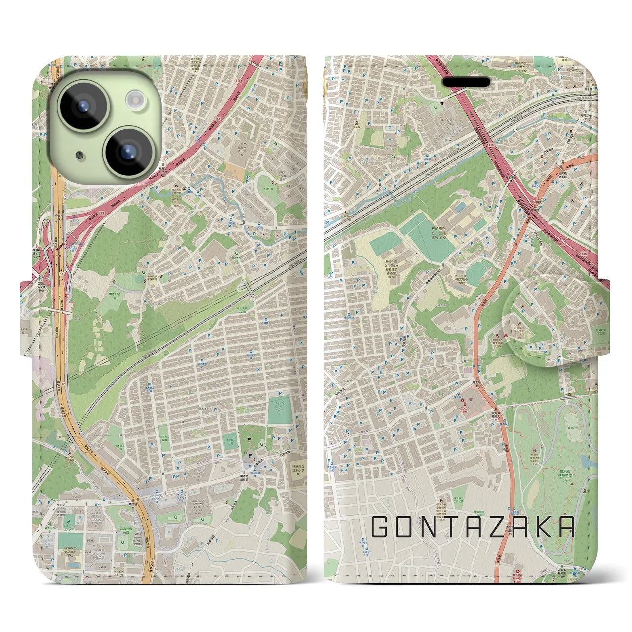 【権太坂(神奈川県)】地図柄iPhoneケース(手帳タイプ)ナチュラル・iPhone 15 用