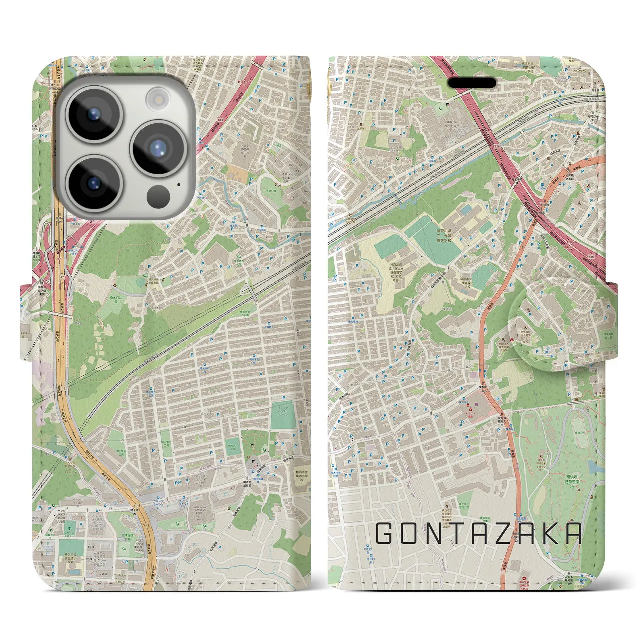 【権太坂(神奈川県)】地図柄iPhoneケース(手帳タイプ)ナチュラル・iPhone 15 Pro 用