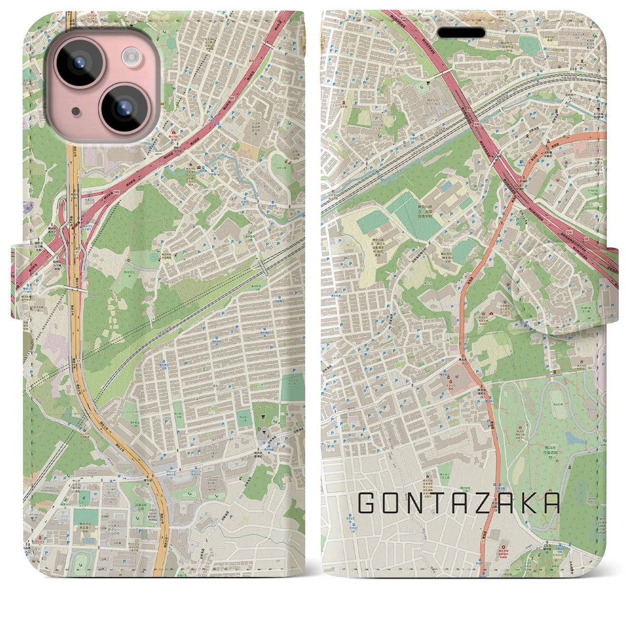 【権太坂(神奈川県)】地図柄iPhoneケース(手帳タイプ)ナチュラル・iPhone 15 Plus 用