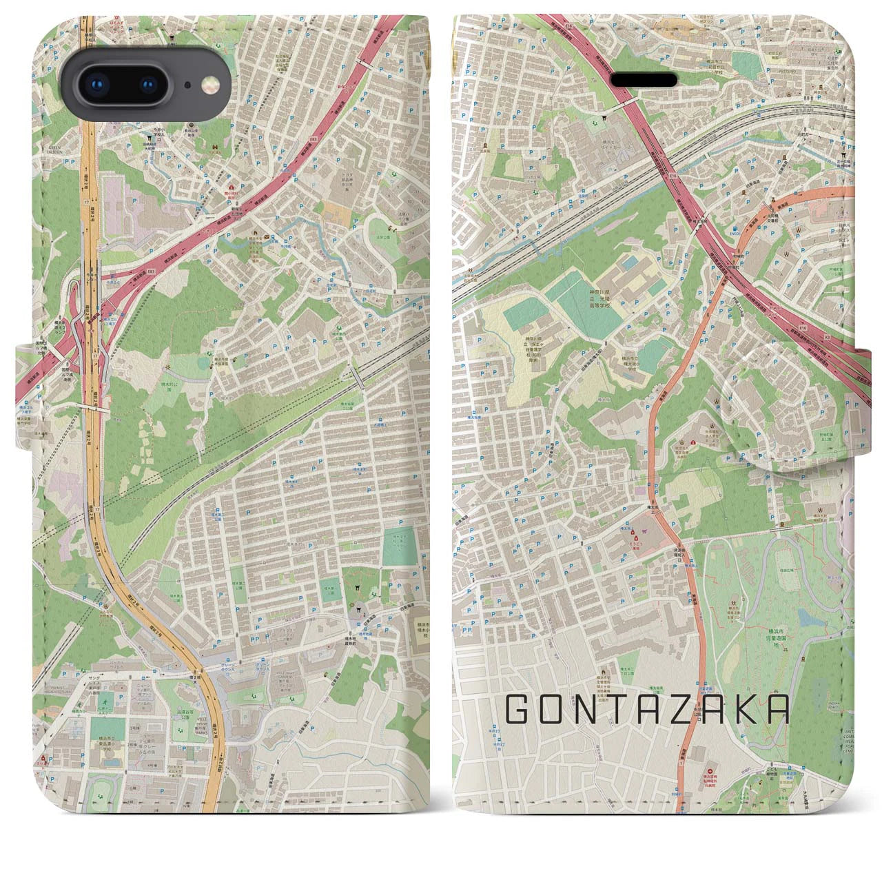 【権太坂(神奈川県)】地図柄iPhoneケース(手帳タイプ)ナチュラル・iPhone 8Plus /7Plus / 6sPlus / 6Plus 用