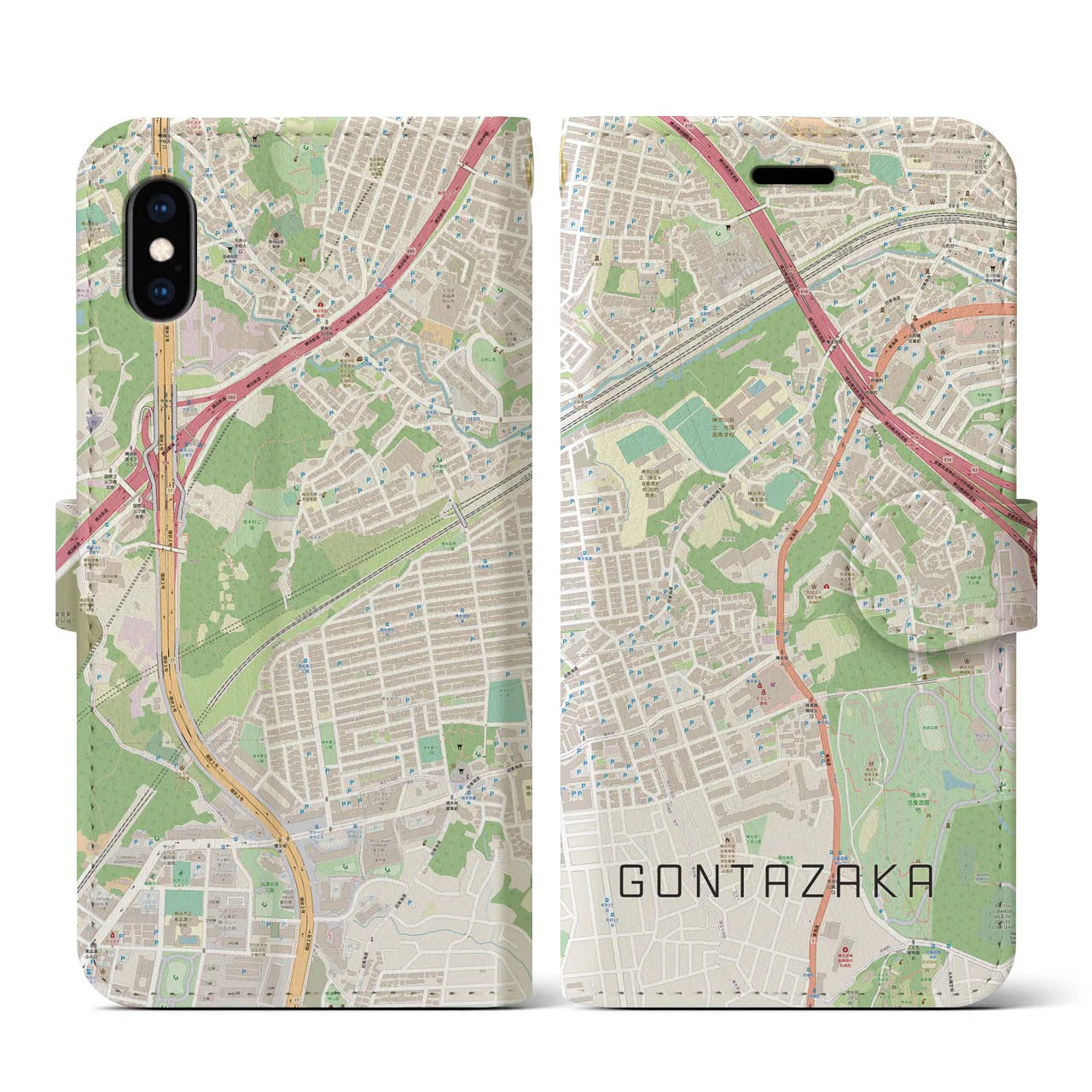 【権太坂(神奈川県)】地図柄iPhoneケース(手帳タイプ)ナチュラル・iPhone XS / X 用