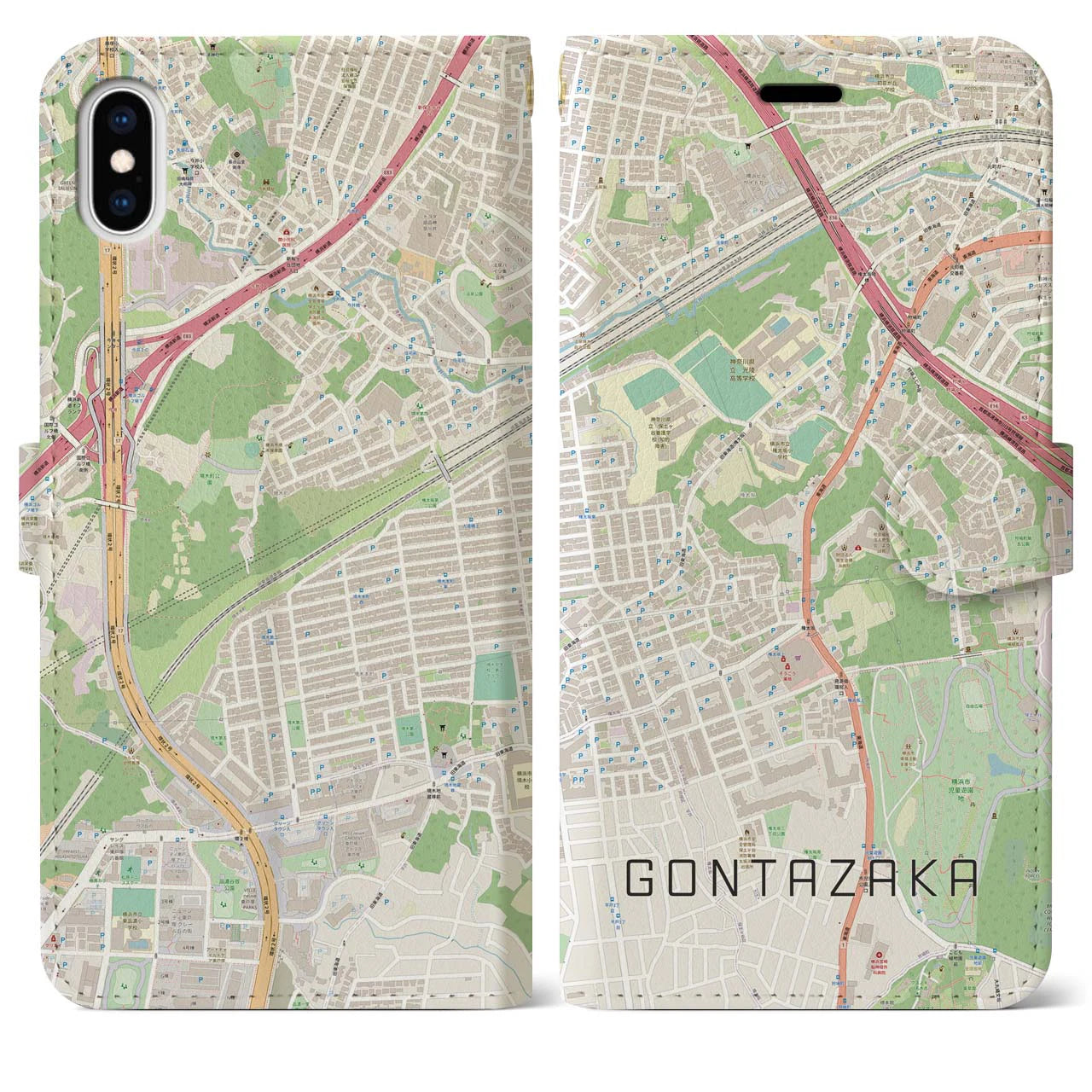 【権太坂(神奈川県)】地図柄iPhoneケース(手帳タイプ)ナチュラル・iPhone XS Max 用