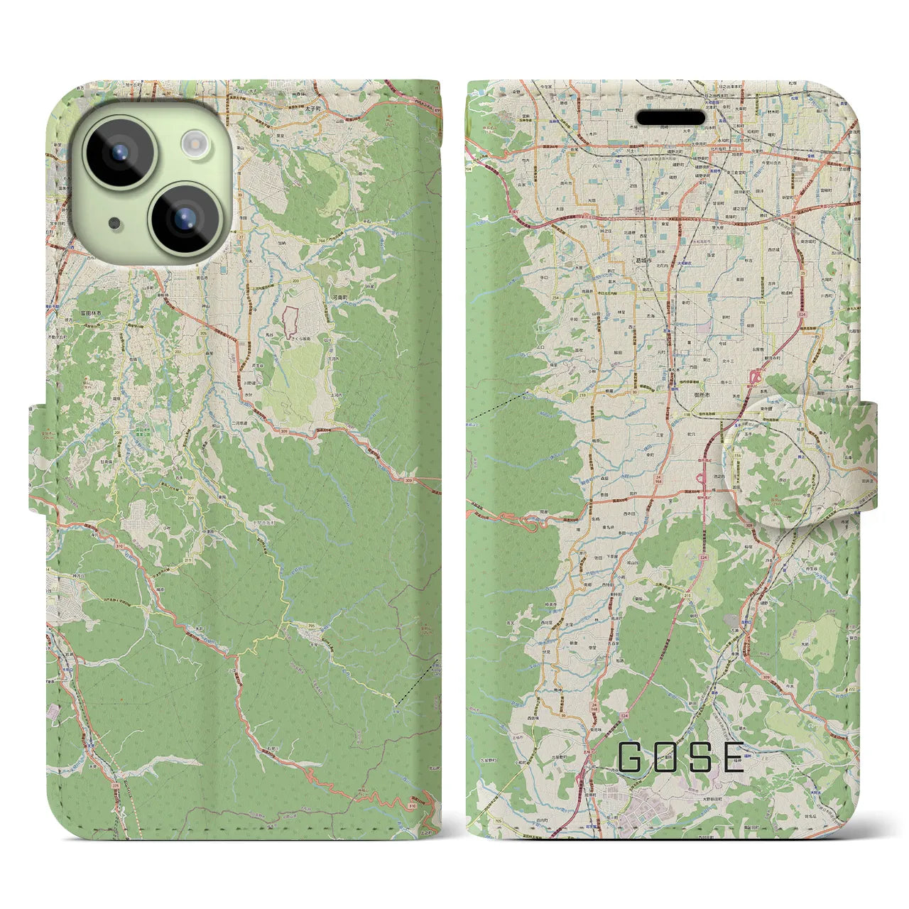 【御所(奈良県)】地図柄iPhoneケース(手帳タイプ)ナチュラル・iPhone 15 用