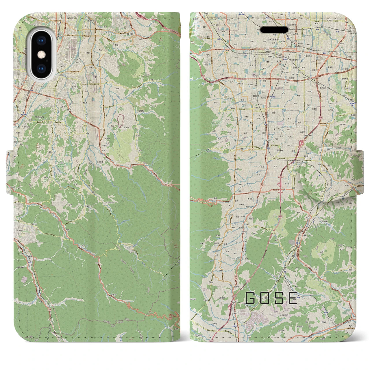 【御所(奈良県)】地図柄iPhoneケース(手帳タイプ)ナチュラル・iPhone XS Max 用
