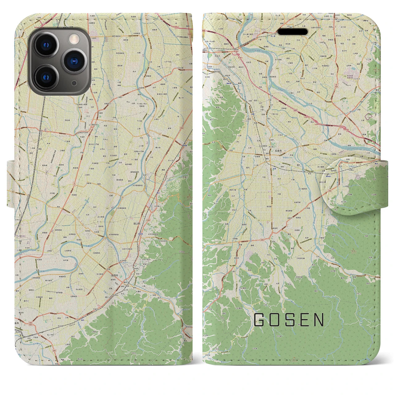 【五泉(新潟県)】地図柄iPhoneケース(手帳タイプ)ナチュラル・iPhone 11 Pro Max 用