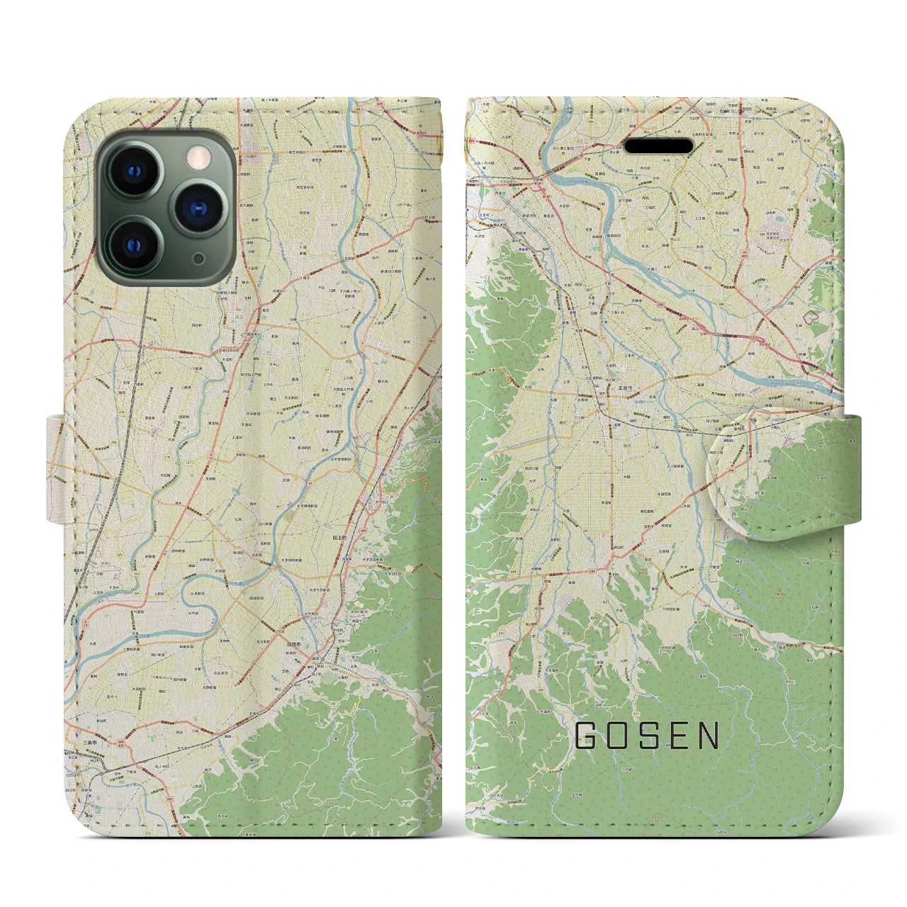 【五泉(新潟県)】地図柄iPhoneケース(手帳タイプ)ナチュラル・iPhone 11 Pro 用