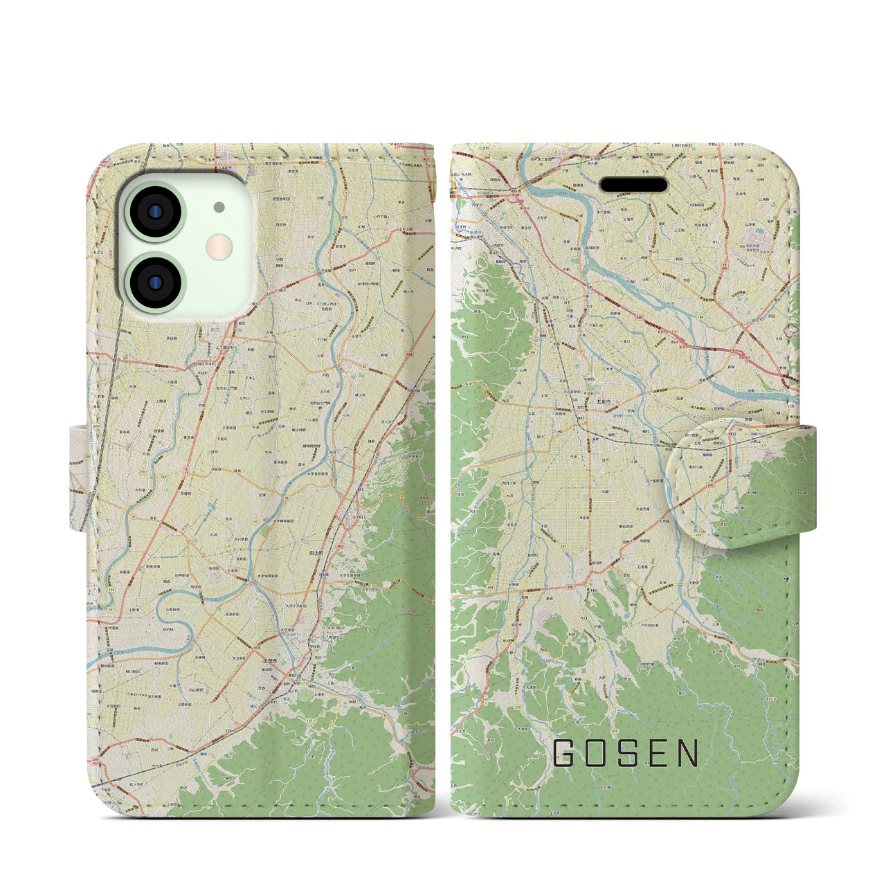 【五泉(新潟県)】地図柄iPhoneケース(手帳タイプ)ナチュラル・iPhone 12 mini 用
