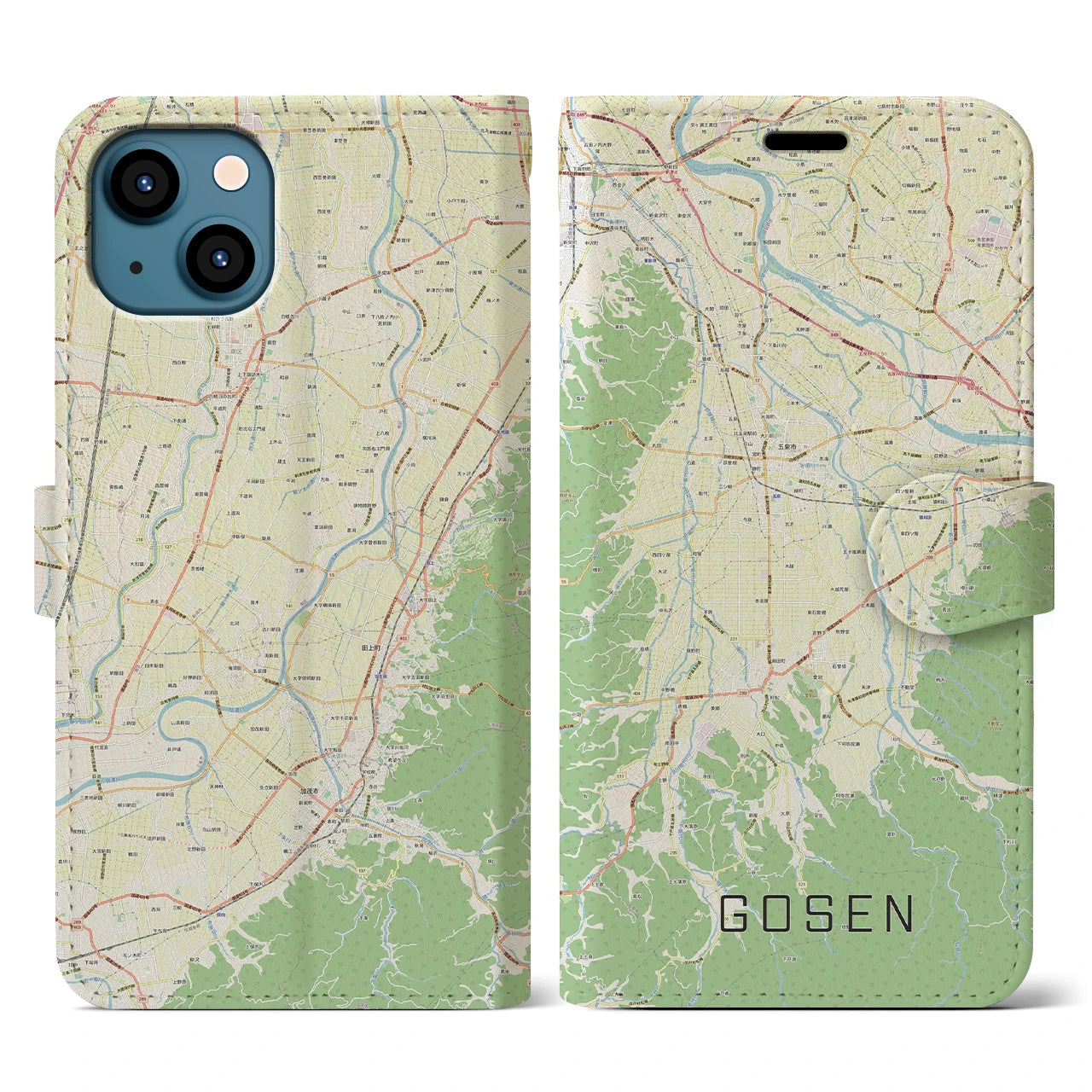【五泉(新潟県)】地図柄iPhoneケース(手帳タイプ)ナチュラル・iPhone 13 用