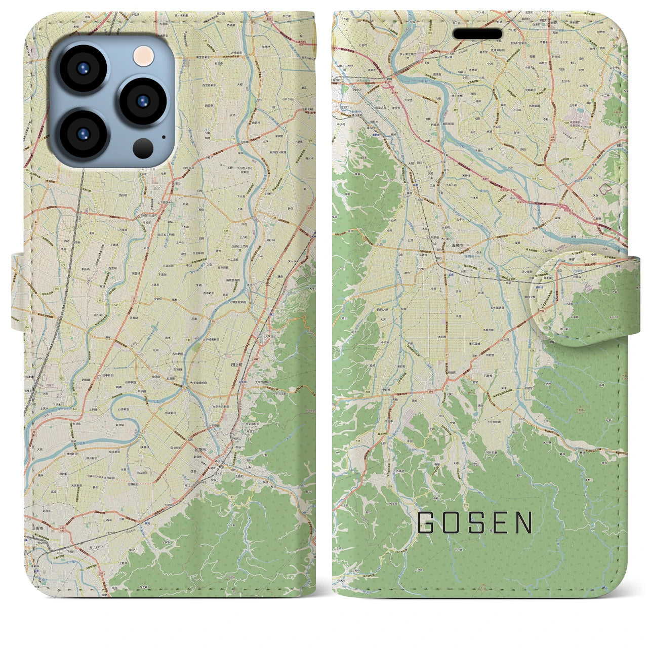 【五泉(新潟県)】地図柄iPhoneケース(手帳タイプ)ナチュラル・iPhone 13 Pro Max 用