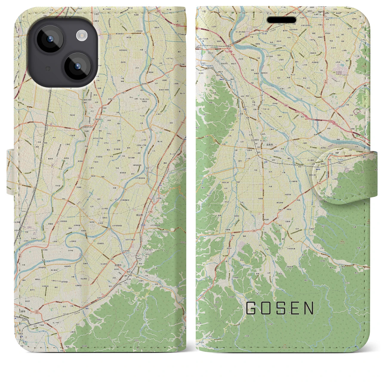 【五泉(新潟県)】地図柄iPhoneケース(手帳タイプ)ナチュラル・iPhone 14 Plus 用