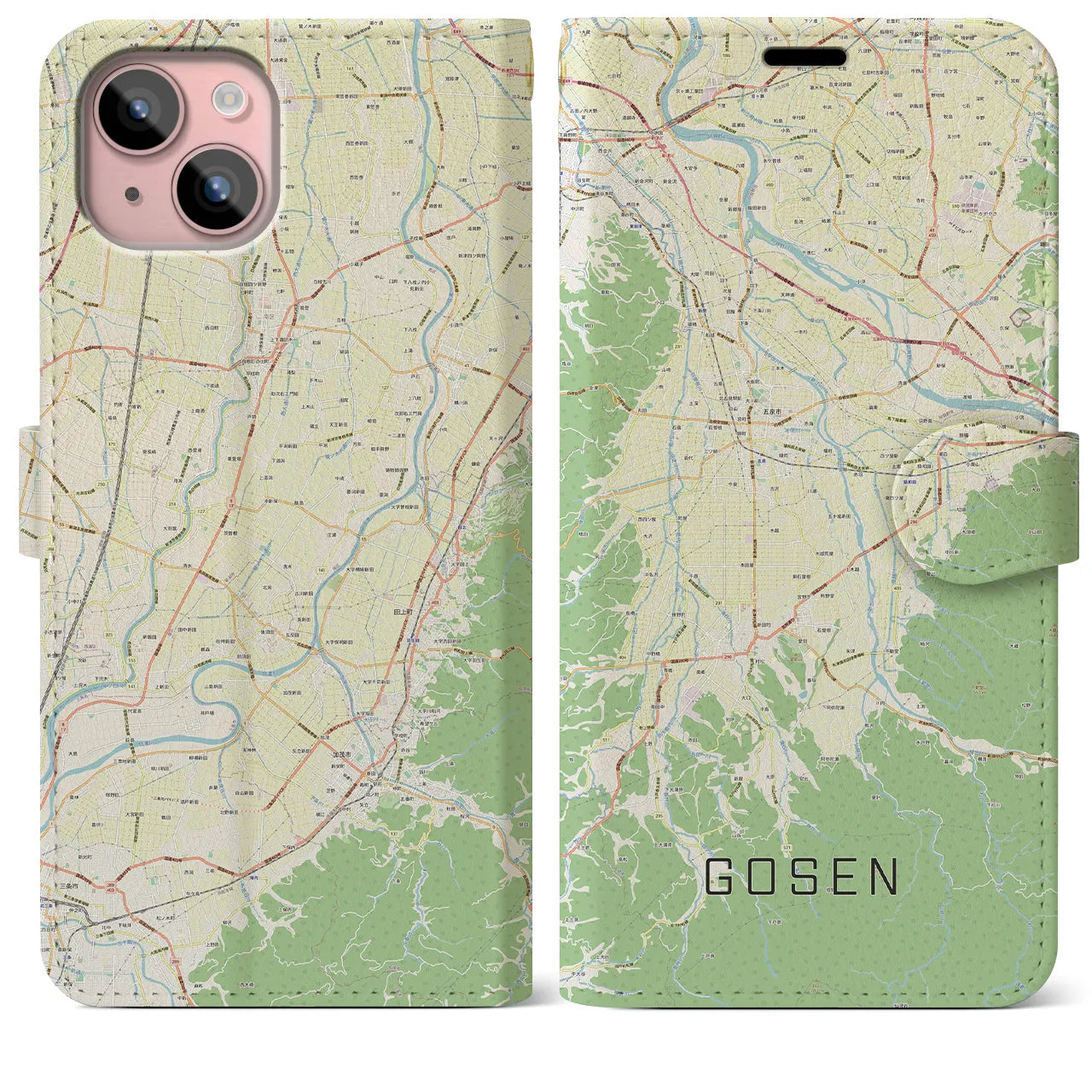 【五泉(新潟県)】地図柄iPhoneケース(手帳タイプ)ナチュラル・iPhone 15 Plus 用