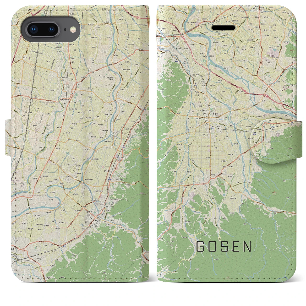 【五泉(新潟県)】地図柄iPhoneケース(手帳タイプ)ナチュラル・iPhone 8Plus /7Plus / 6sPlus / 6Plus 用