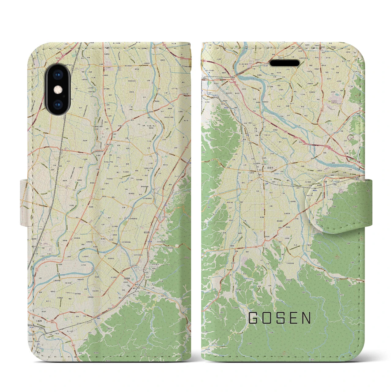 【五泉(新潟県)】地図柄iPhoneケース(手帳タイプ)ナチュラル・iPhone XS / X 用