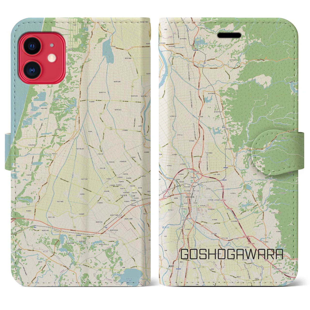 【五所川原(青森県)】地図柄iPhoneケース(手帳タイプ)ナチュラル・iPhone 11 用