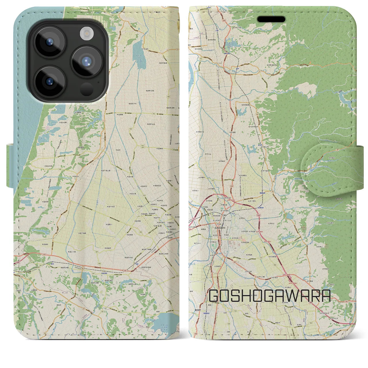 【五所川原(青森県)】地図柄iPhoneケース(手帳タイプ)ナチュラル・iPhone 15 Pro Max 用