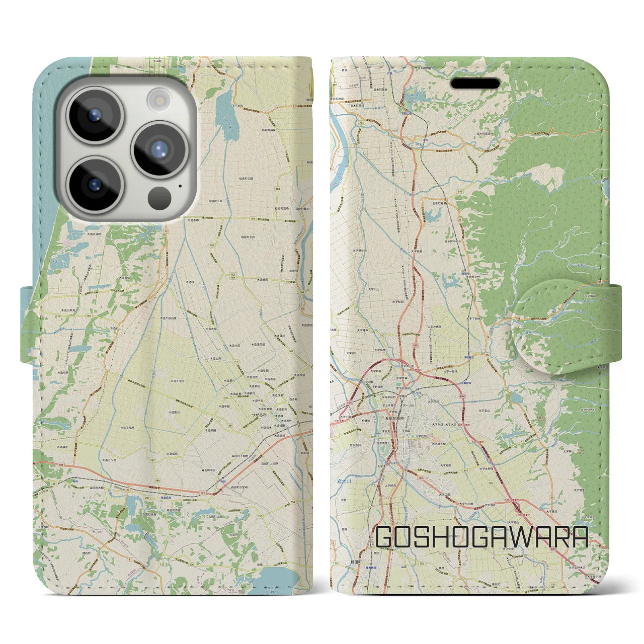 【五所川原(青森県)】地図柄iPhoneケース(手帳タイプ)ナチュラル・iPhone 15 Pro 用
