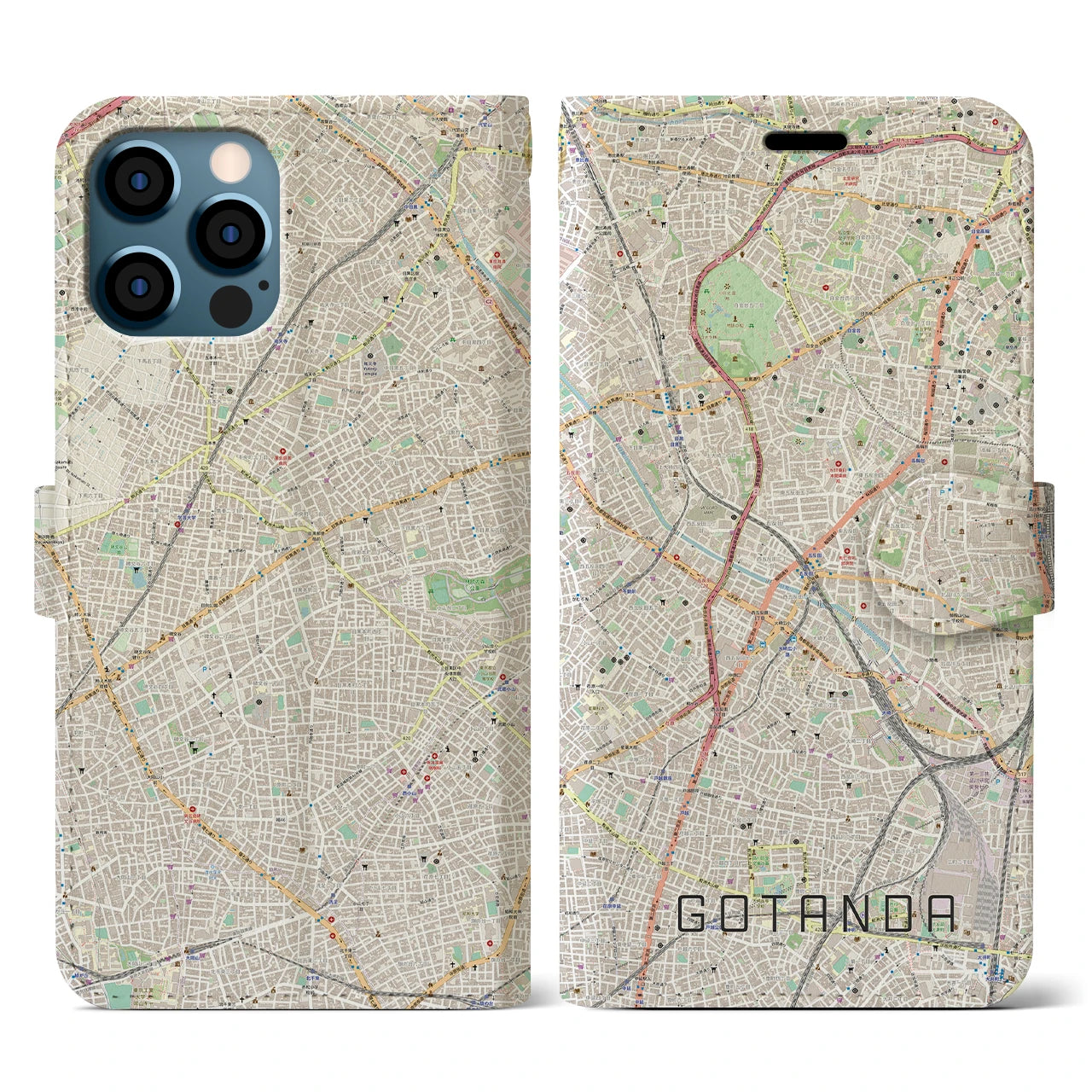 【五反田(東京都)】地図柄iPhoneケース(手帳タイプ)ナチュラル・iPhone 12 / 12 Pro 用