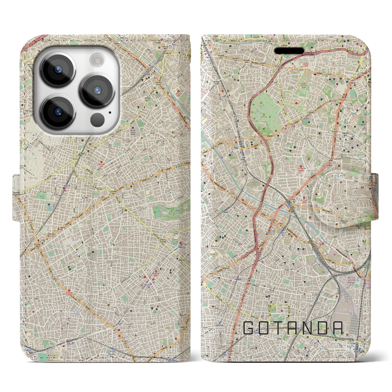 【五反田(東京都)】地図柄iPhoneケース(手帳タイプ)ナチュラル・iPhone 14 Pro 用