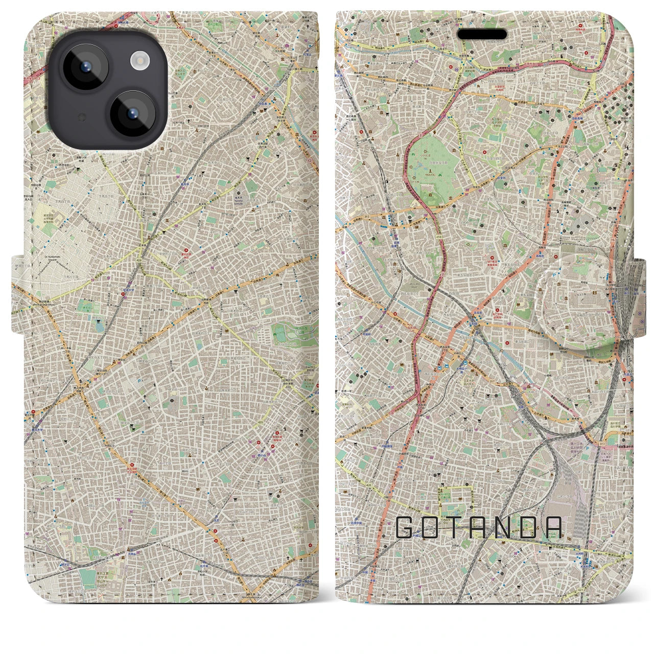 【五反田(東京都)】地図柄iPhoneケース(手帳タイプ)ナチュラル・iPhone 14 Plus 用
