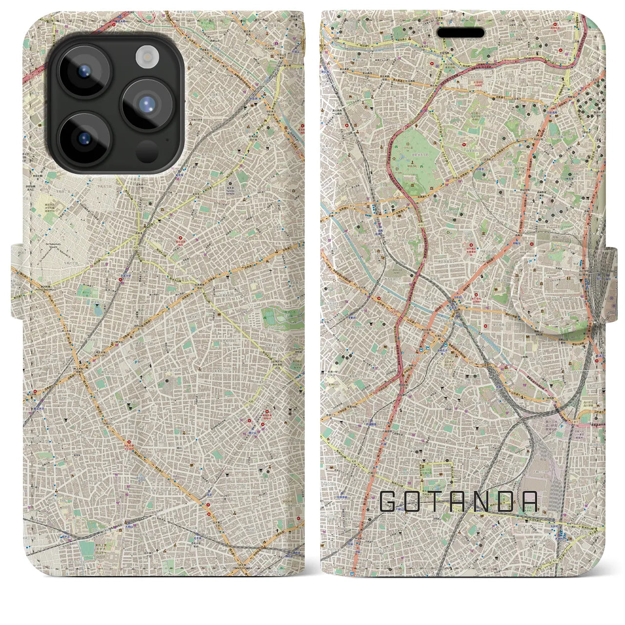 【五反田(東京都)】地図柄iPhoneケース(手帳タイプ)ナチュラル・iPhone 15 Pro Max 用