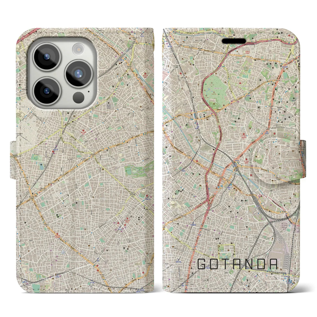 【五反田(東京都)】地図柄iPhoneケース(手帳タイプ)ナチュラル・iPhone 15 Pro 用