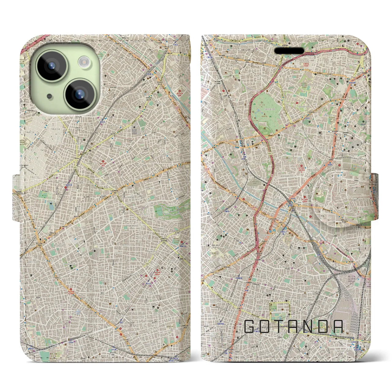 【五反田(東京都)】地図柄iPhoneケース(手帳タイプ)ナチュラル・iPhone 15 用