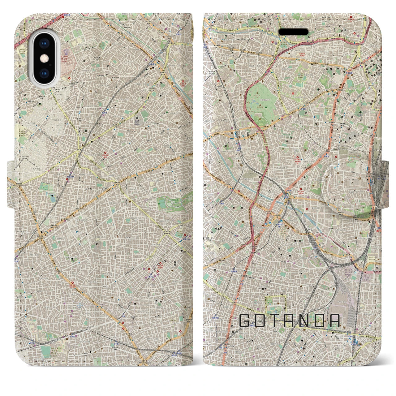 【五反田(東京都)】地図柄iPhoneケース(手帳タイプ)ナチュラル・iPhone XS Max 用