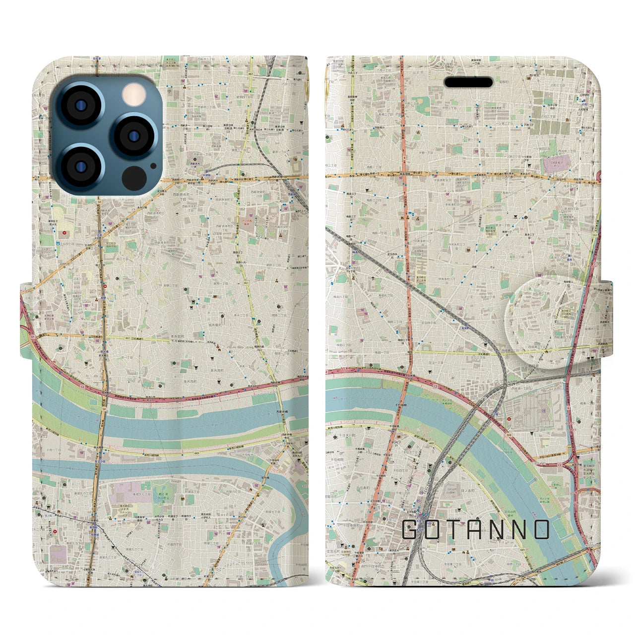 【五反野(東京都)】地図柄iPhoneケース(手帳タイプ)ナチュラル・iPhone 12 / 12 Pro 用