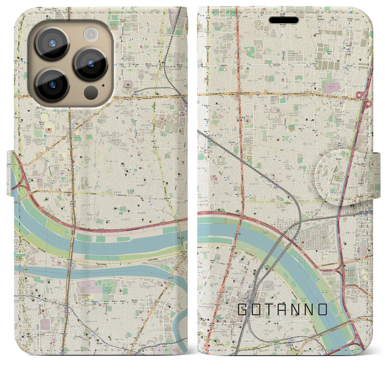 【五反野(東京都)】地図柄iPhoneケース(手帳タイプ)ナチュラル・iPhone 14 Pro Max 用