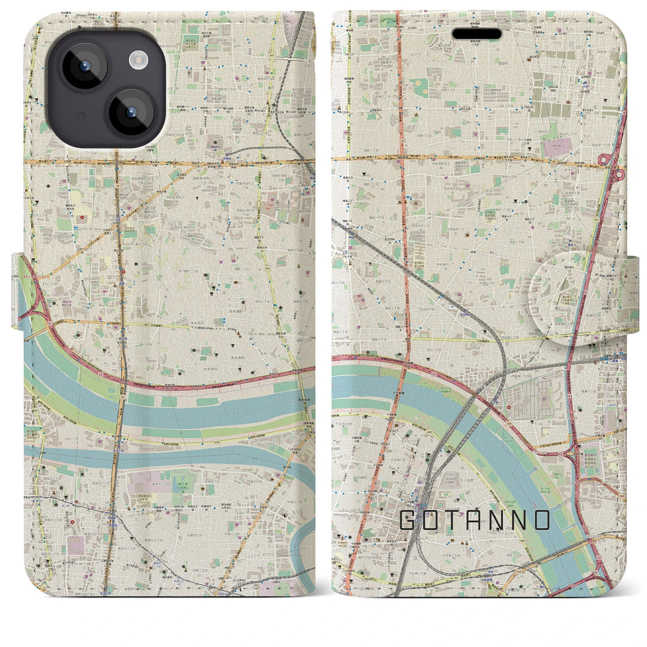 【五反野(東京都)】地図柄iPhoneケース(手帳タイプ)ナチュラル・iPhone 14 Plus 用