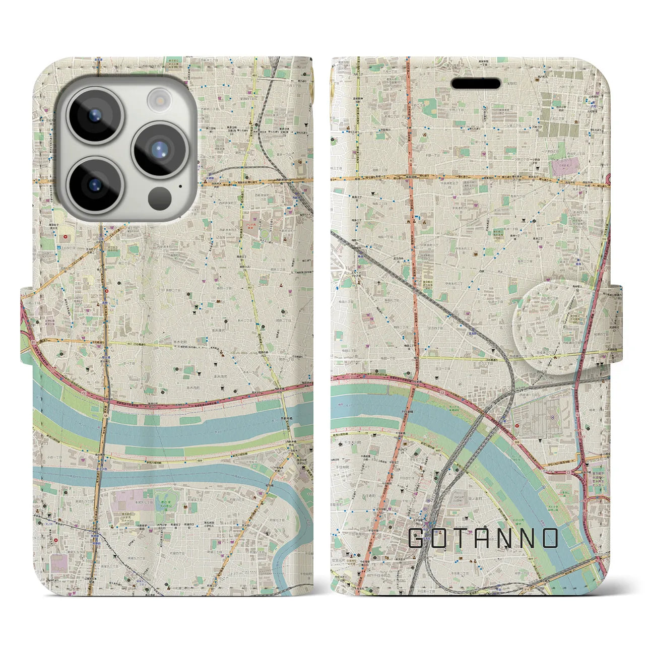 【五反野(東京都)】地図柄iPhoneケース(手帳タイプ)ナチュラル・iPhone 15 Pro 用