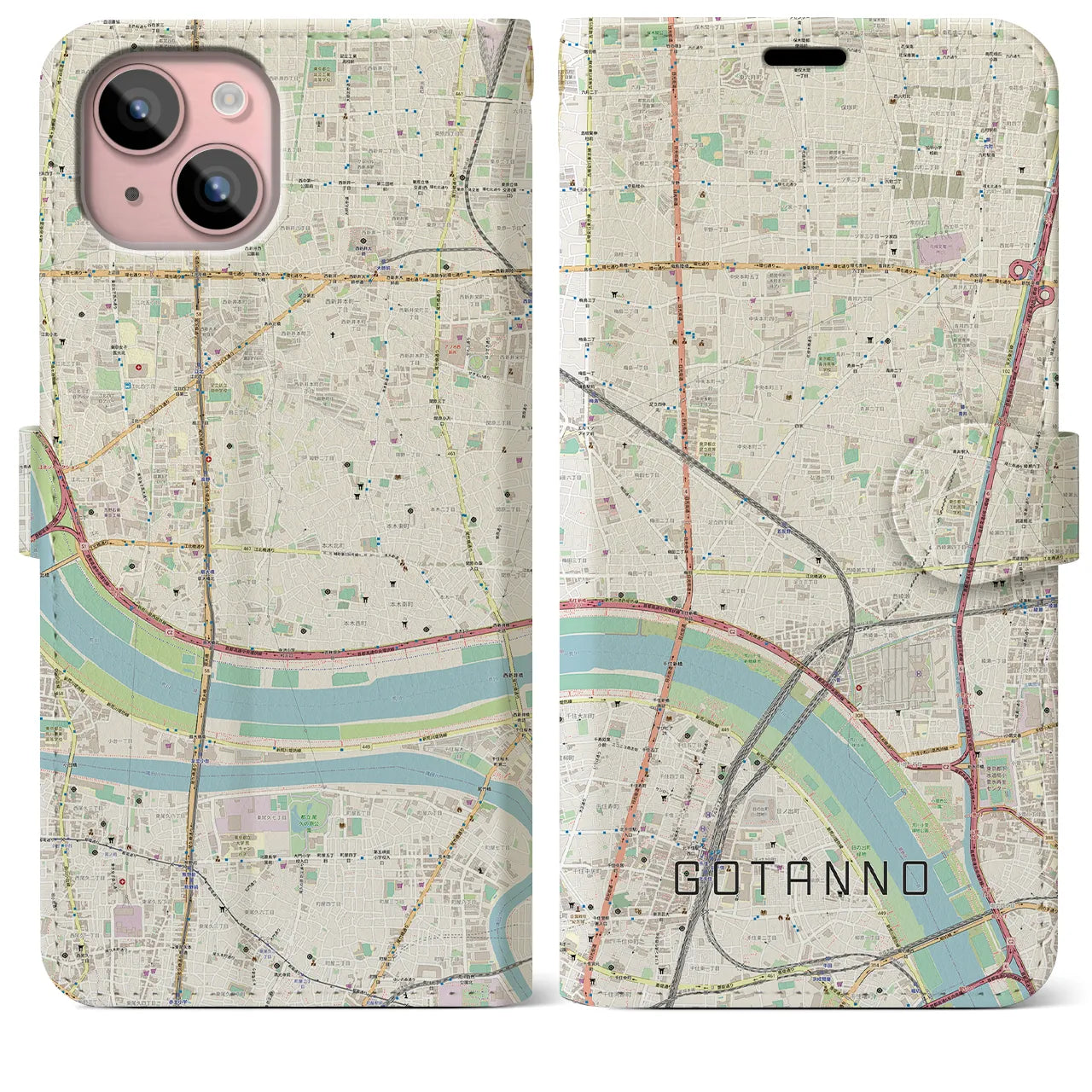 【五反野(東京都)】地図柄iPhoneケース(手帳タイプ)ナチュラル・iPhone 15 Plus 用