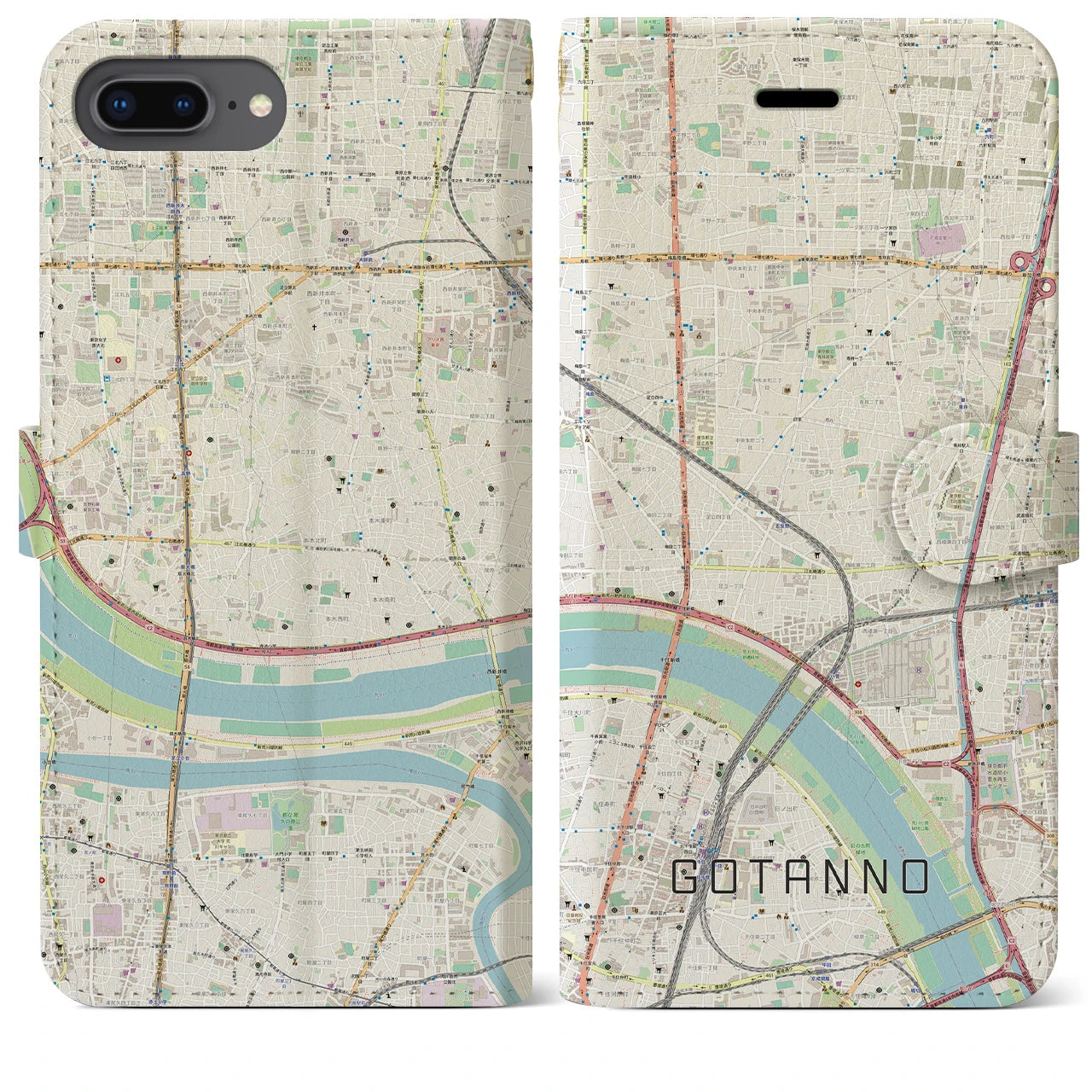 【五反野(東京都)】地図柄iPhoneケース(手帳タイプ)ナチュラル・iPhone 8Plus /7Plus / 6sPlus / 6Plus 用