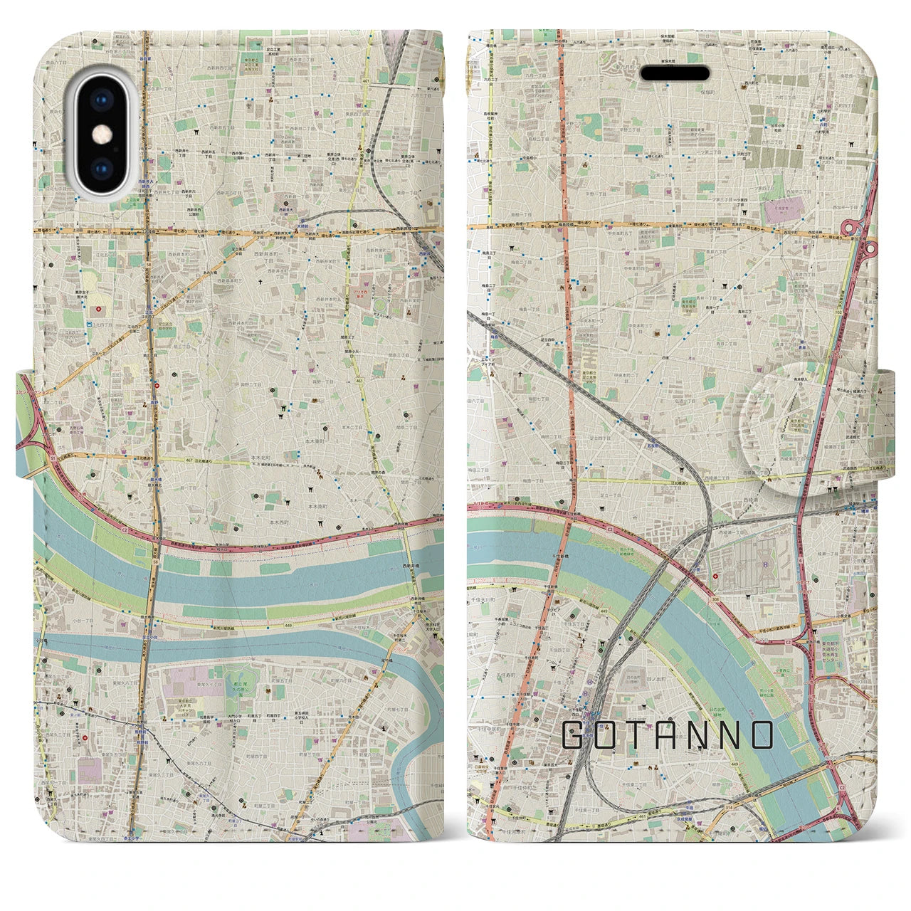 【五反野(東京都)】地図柄iPhoneケース(手帳タイプ)ナチュラル・iPhone XS Max 用