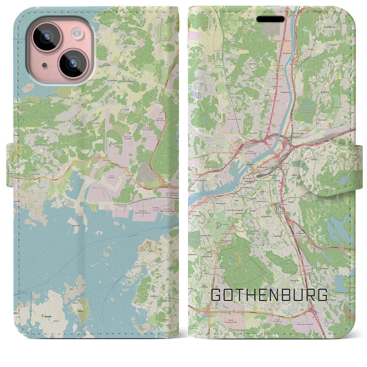 【ヨーテボリ(スウェーデン)】地図柄iPhoneケース(手帳タイプ)ナチュラル・iPhone 15 Plus 用