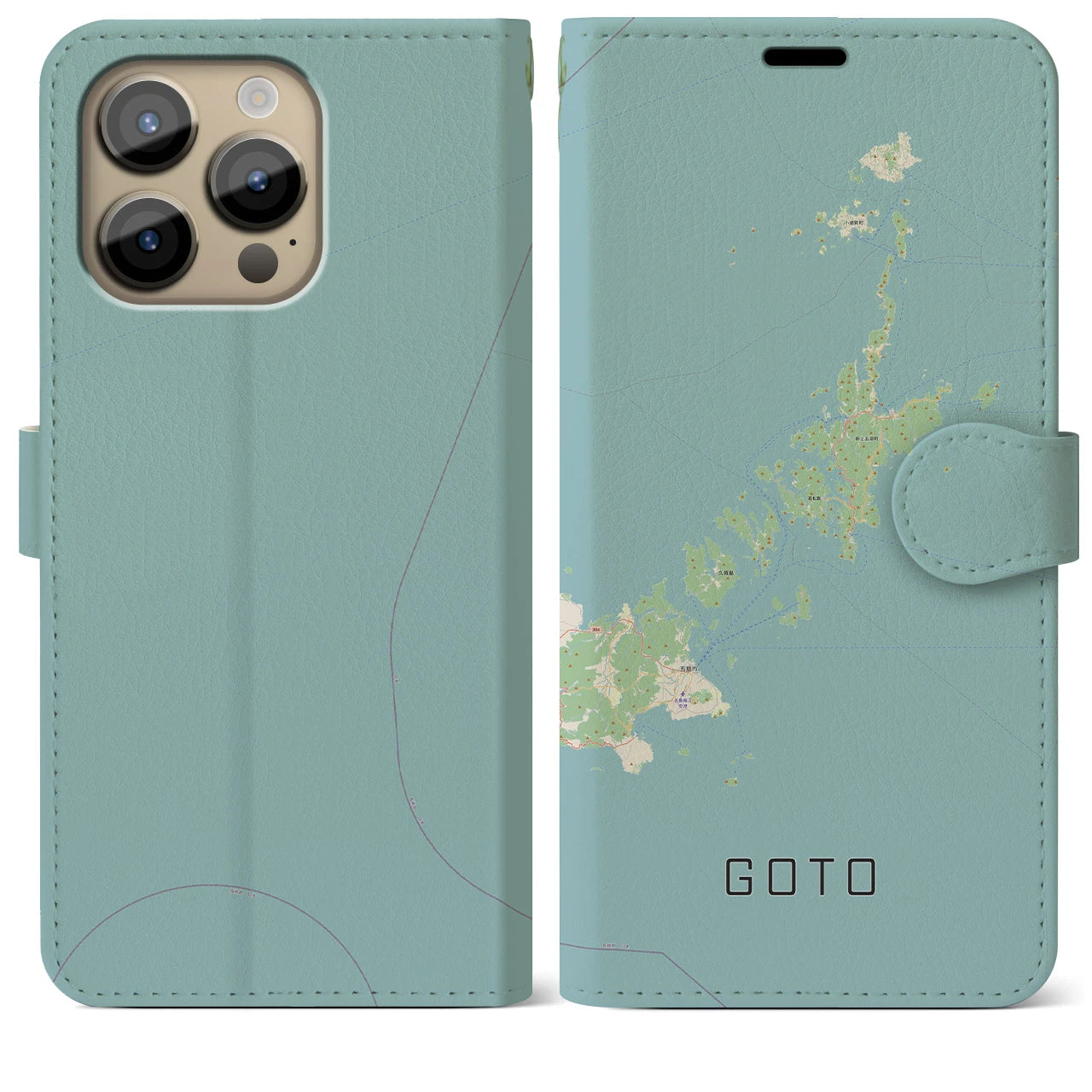 【五島(長崎県)】地図柄iPhoneケース(手帳タイプ)ナチュラル・iPhone 14 Pro Max 用