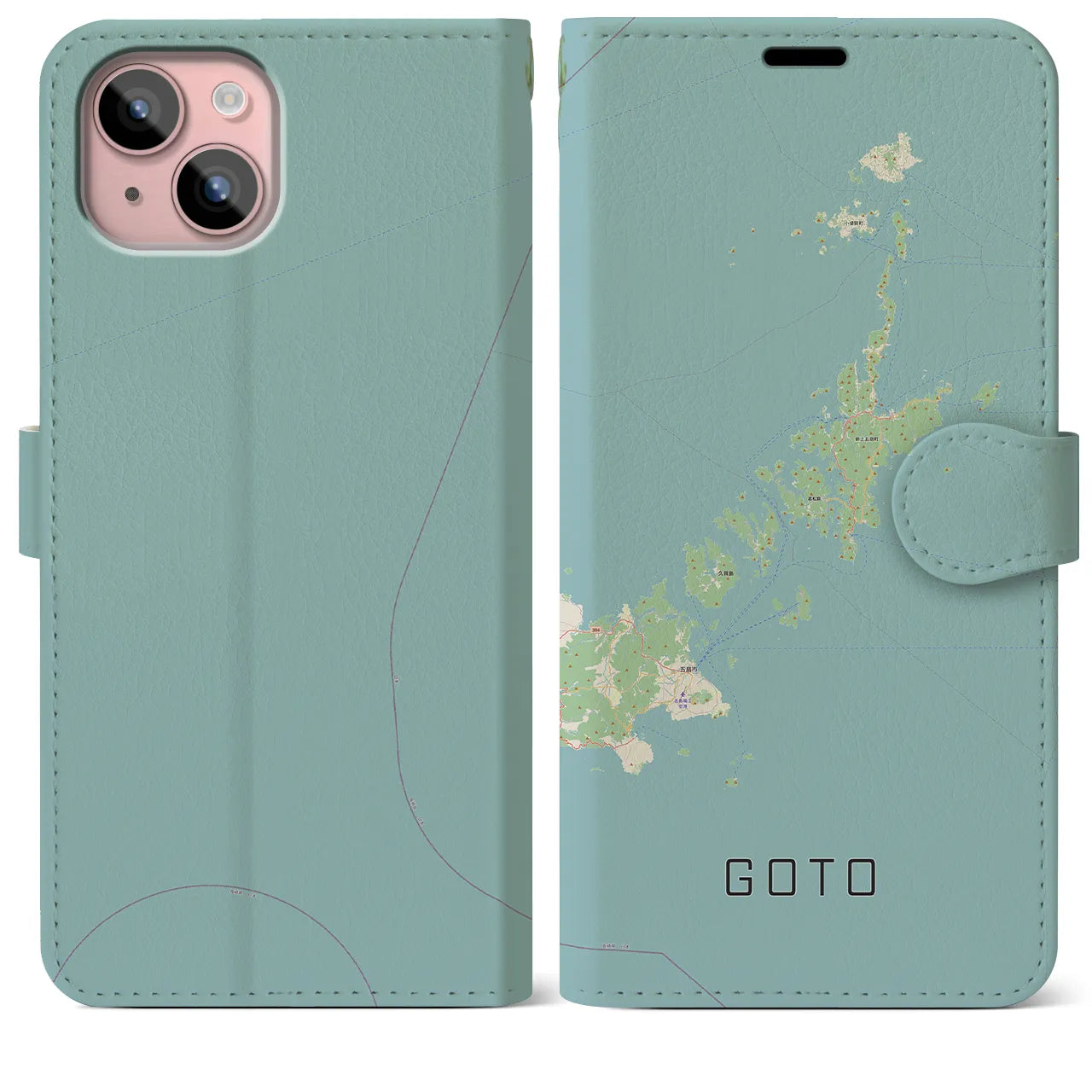 【五島(長崎県)】地図柄iPhoneケース(手帳タイプ)ナチュラル・iPhone 15 Plus 用