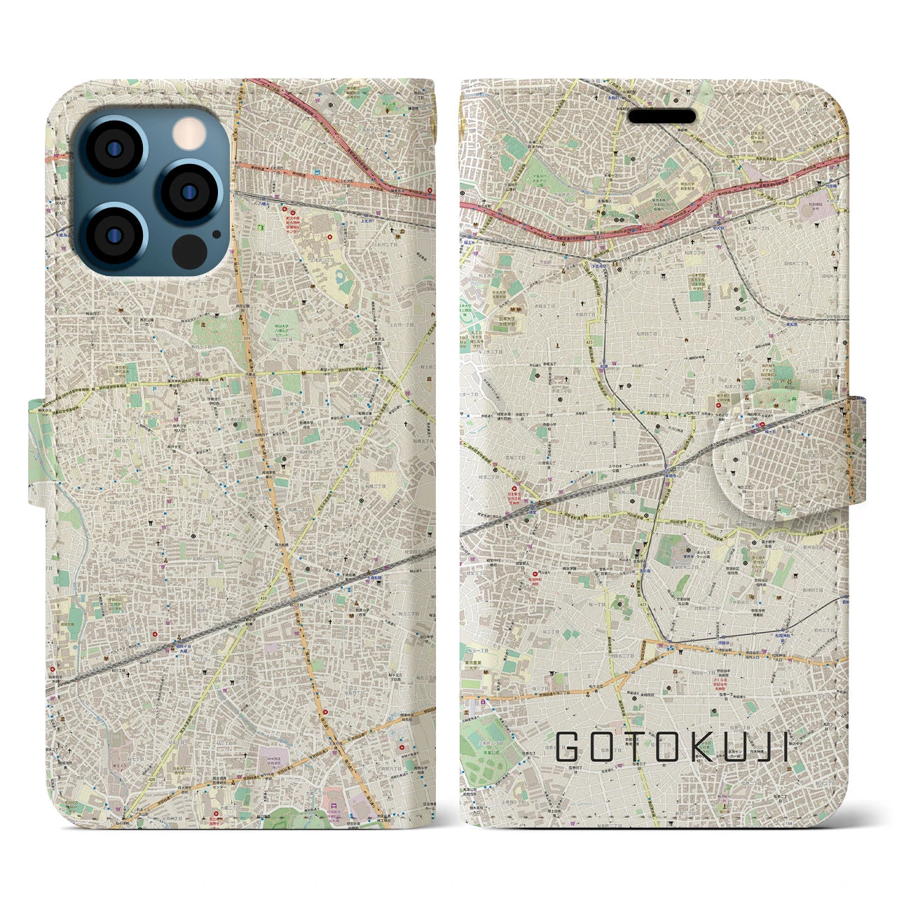 【豪徳寺(東京都)】地図柄iPhoneケース(手帳タイプ)ナチュラル・iPhone 12 / 12 Pro 用