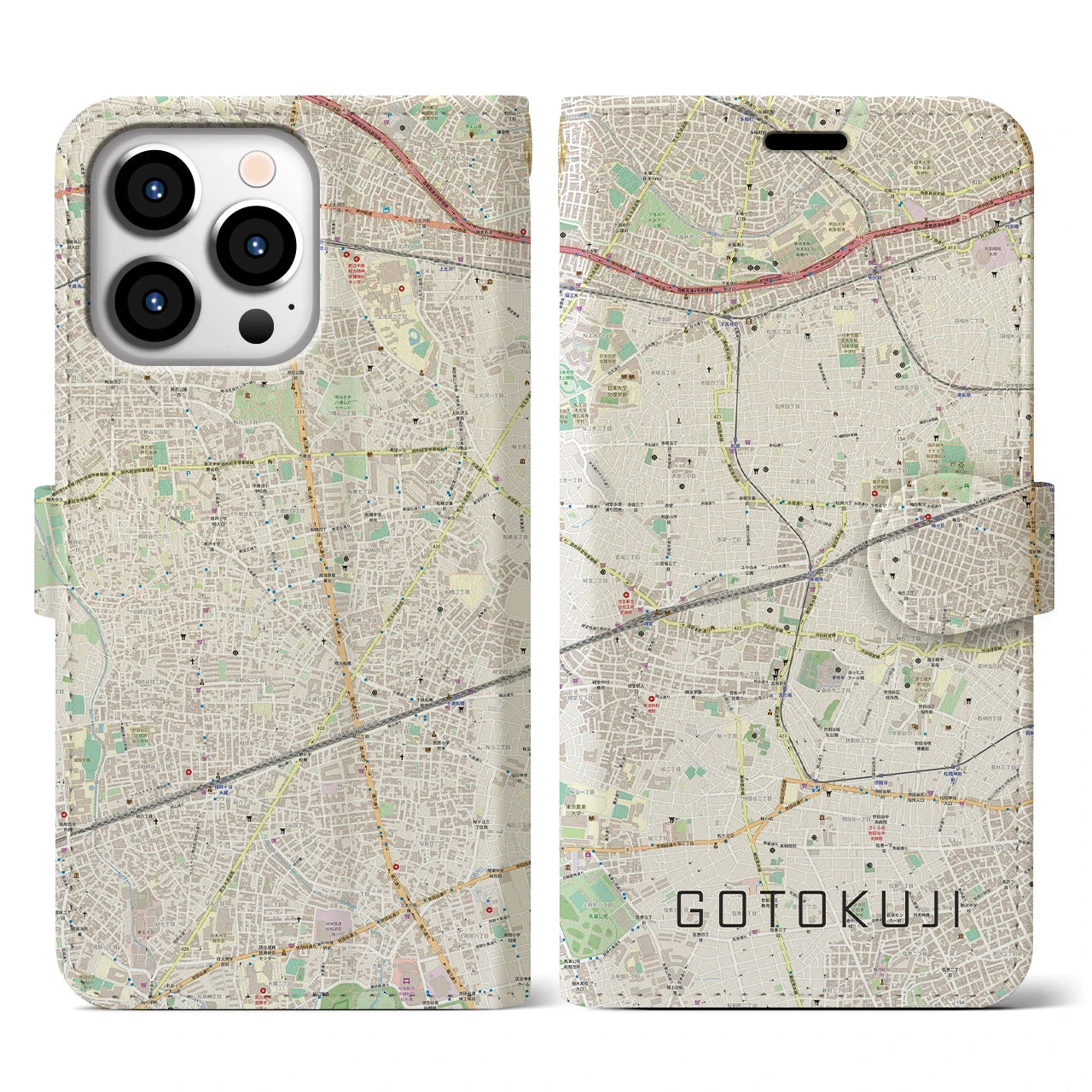 【豪徳寺(東京都)】地図柄iPhoneケース(手帳タイプ)ナチュラル・iPhone 13 Pro 用