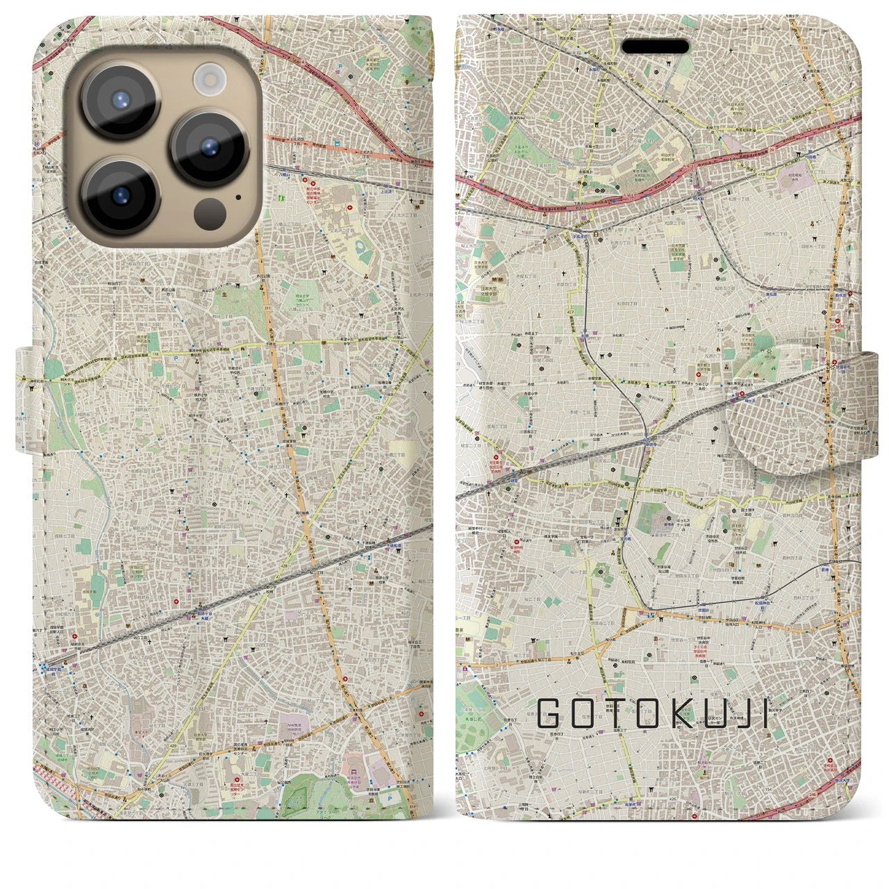 【豪徳寺(東京都)】地図柄iPhoneケース(手帳タイプ)ナチュラル・iPhone 14 Pro Max 用