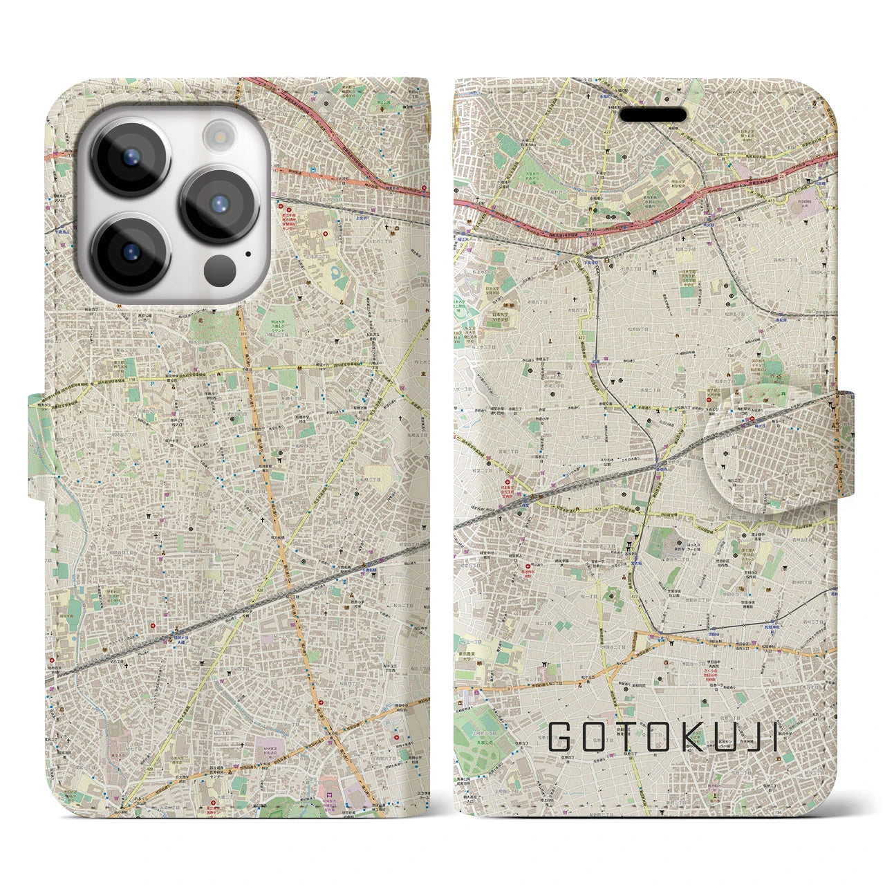 【豪徳寺(東京都)】地図柄iPhoneケース(手帳タイプ)ナチュラル・iPhone 14 Pro 用