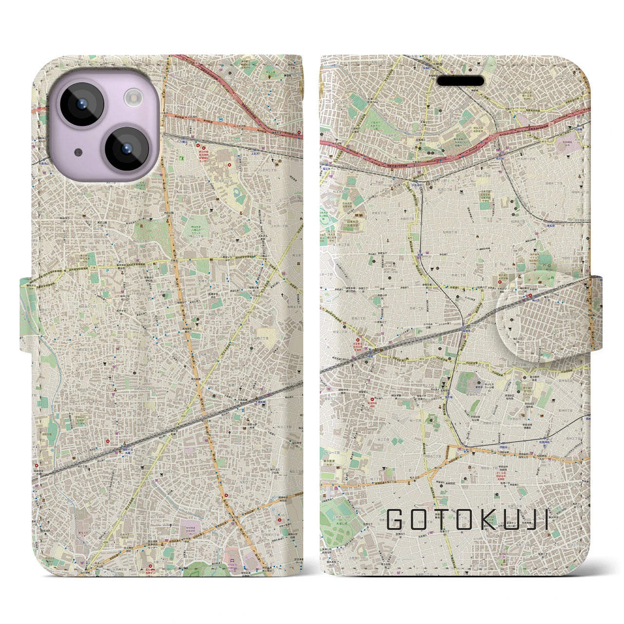 【豪徳寺(東京都)】地図柄iPhoneケース(手帳タイプ)ナチュラル・iPhone 14 用