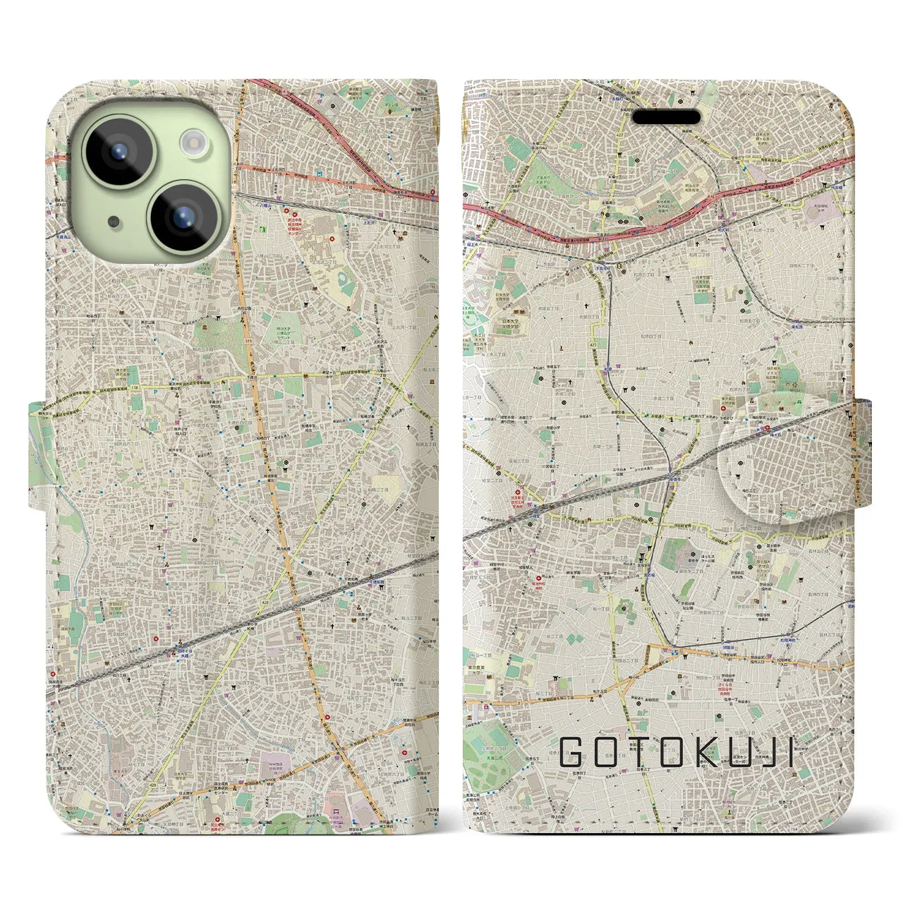 【豪徳寺(東京都)】地図柄iPhoneケース(手帳タイプ)ナチュラル・iPhone 15 用