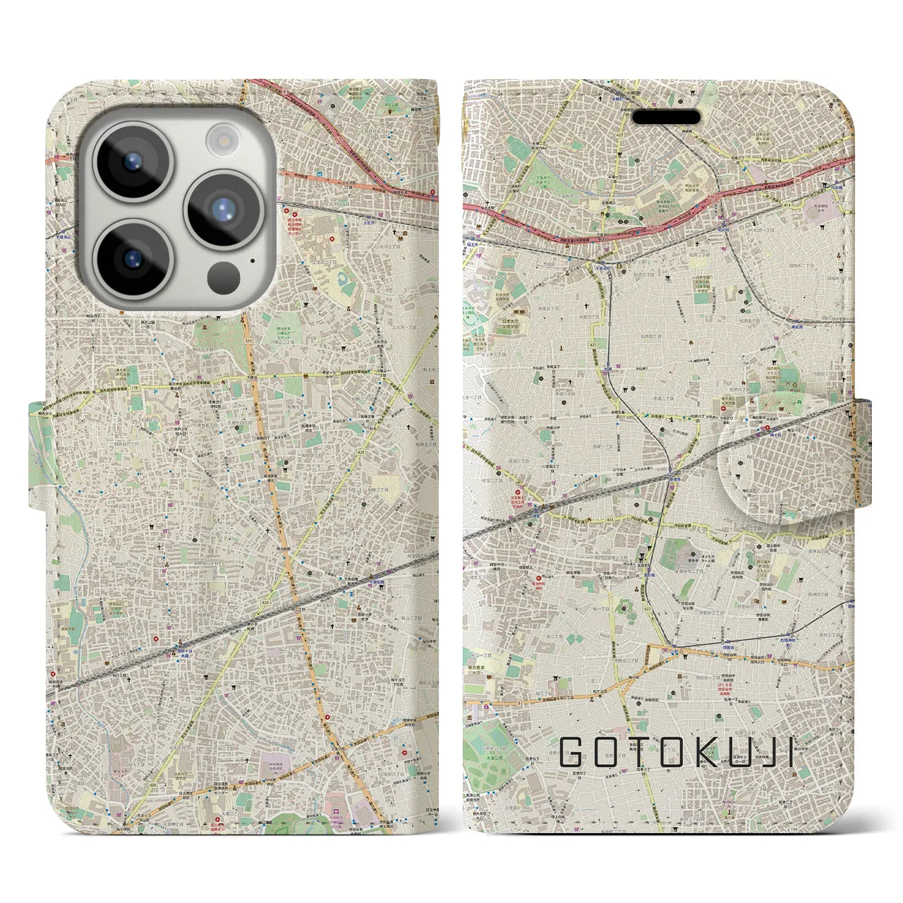 【豪徳寺(東京都)】地図柄iPhoneケース(手帳タイプ)ナチュラル・iPhone 15 Pro 用