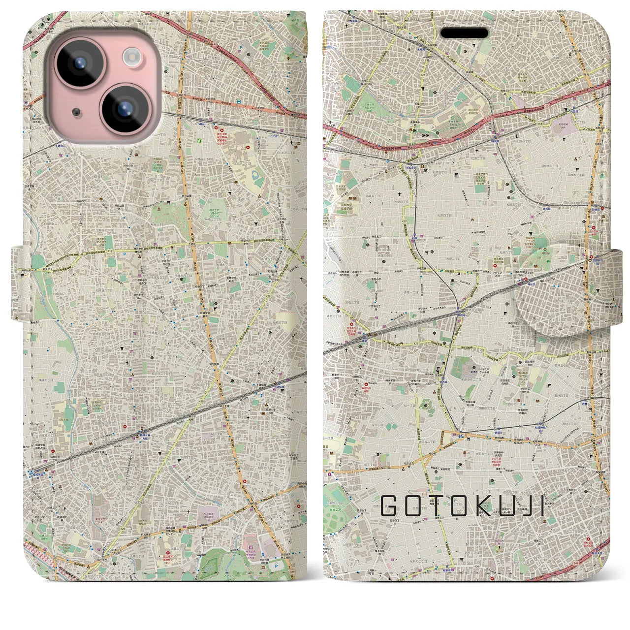 【豪徳寺(東京都)】地図柄iPhoneケース(手帳タイプ)ナチュラル・iPhone 15 Plus 用