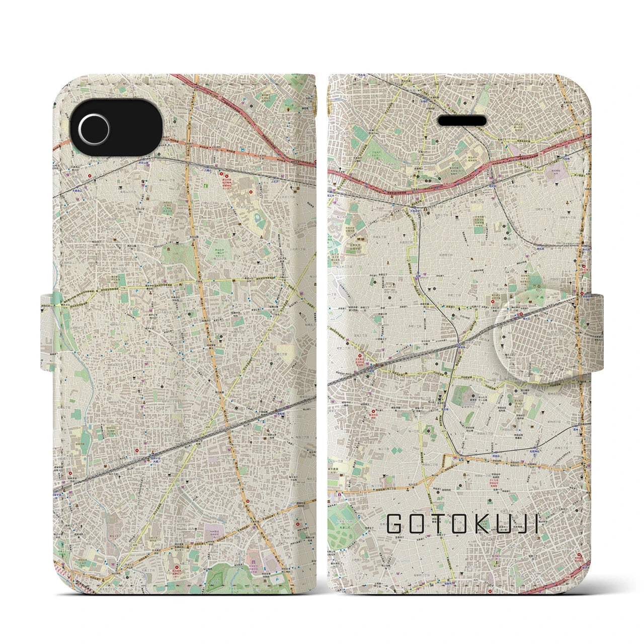 【豪徳寺(東京都)】地図柄iPhoneケース(手帳タイプ)ナチュラル・iPhone SE(第3 / 第2世代) / 8 / 7 / 6s / 6 用