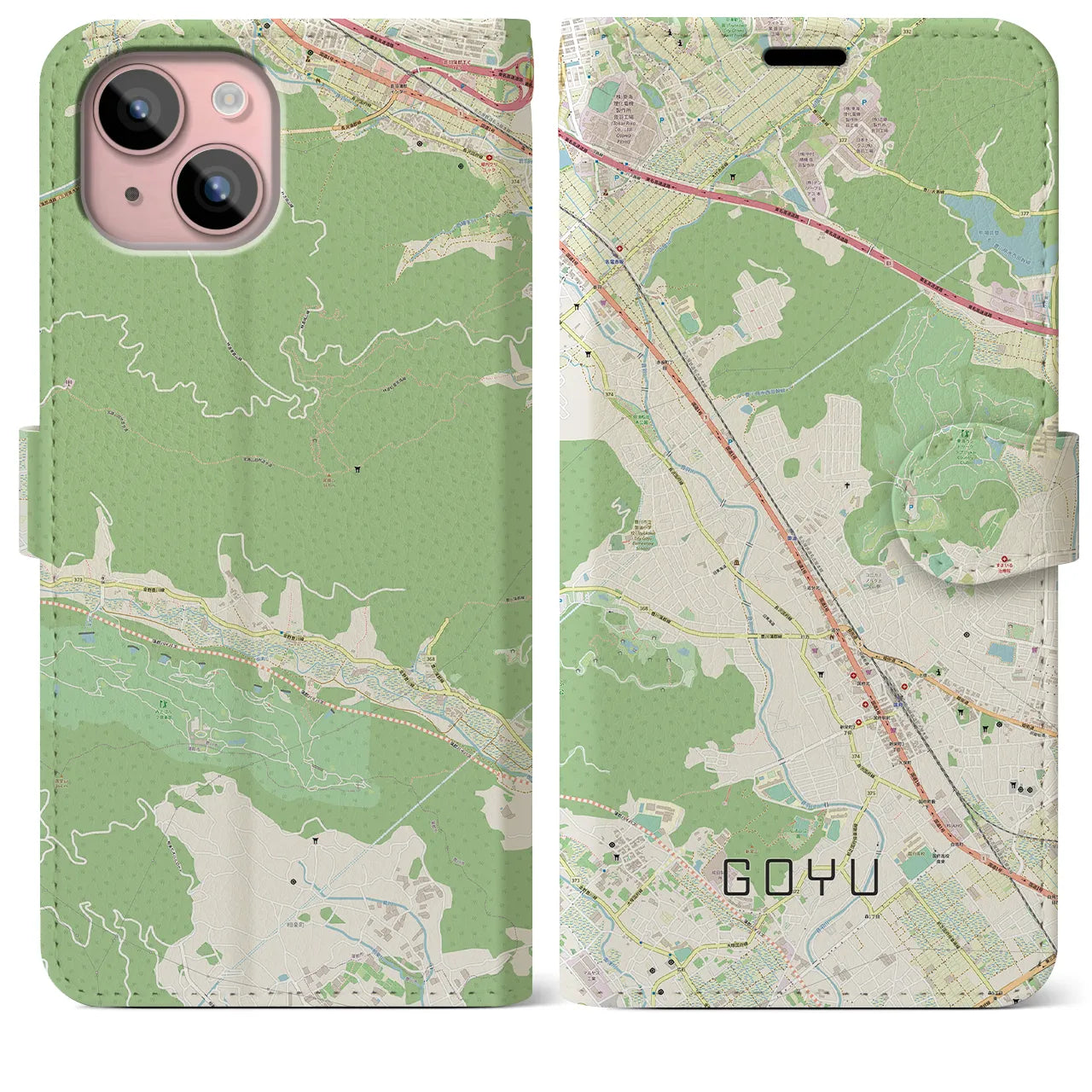 【御油(愛知県)】地図柄iPhoneケース(手帳タイプ)ナチュラル・iPhone 15 Plus 用