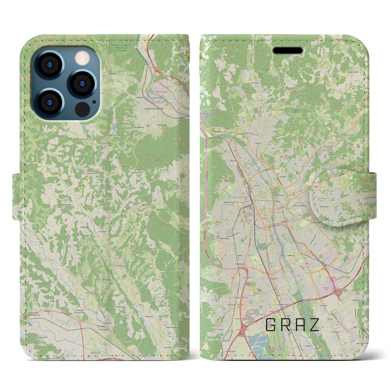 【グラーツ(オーストリア)】地図柄iPhoneケース(手帳タイプ)ナチュラル・iPhone 12 / 12 Pro 用