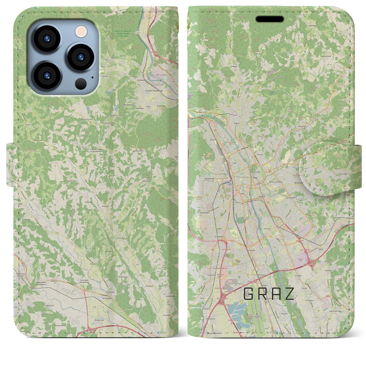 【グラーツ(オーストリア)】地図柄iPhoneケース(手帳タイプ)ナチュラル・iPhone 13 Pro Max 用