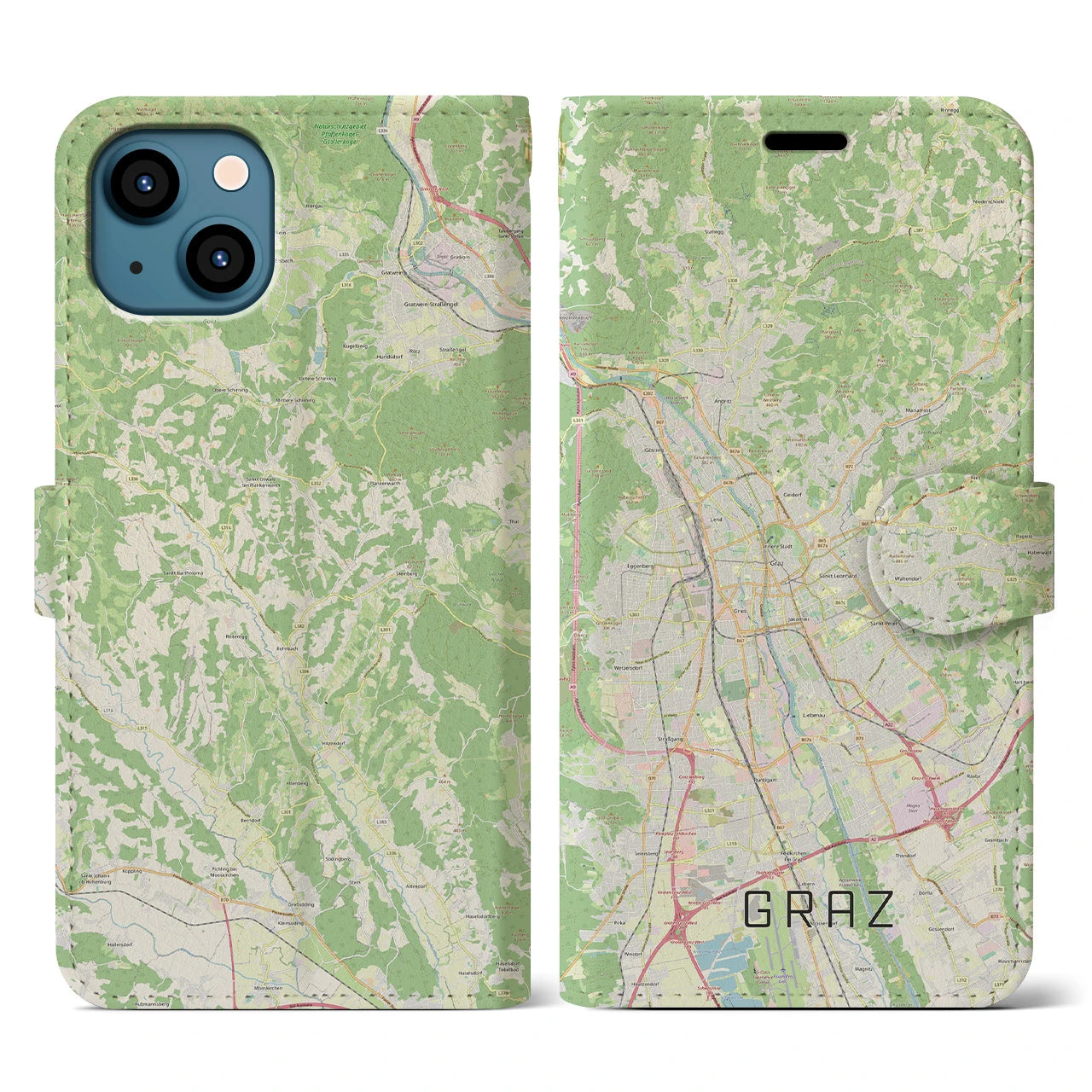 【グラーツ(オーストリア)】地図柄iPhoneケース(手帳タイプ)ナチュラル・iPhone 13 用